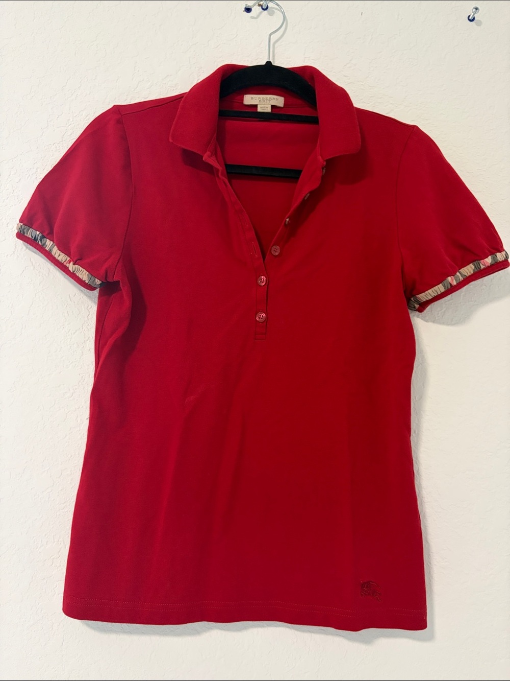 Burberry Red Short-Sleeve Polo with Check Cuff Detail